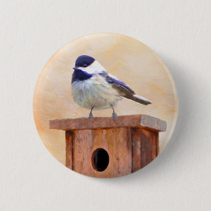 Chickadee on Birdhouse Painting Original Bird Art 6 Cm Round Badge