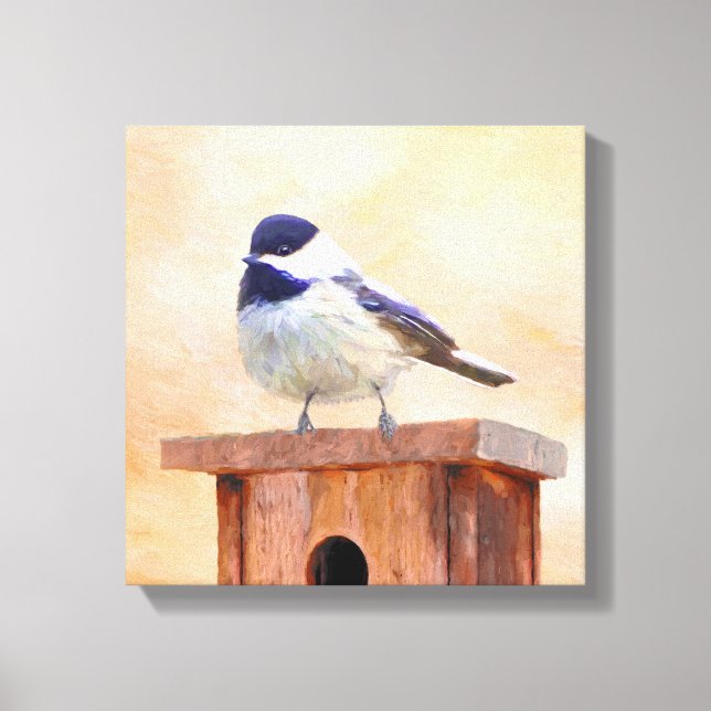 Chickadee on Birdhouse Painting Original Bird Art Canvas Print (Front)