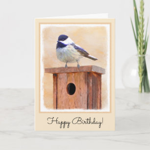 Chickadee on Birdhouse Painting Original Bird Art Card