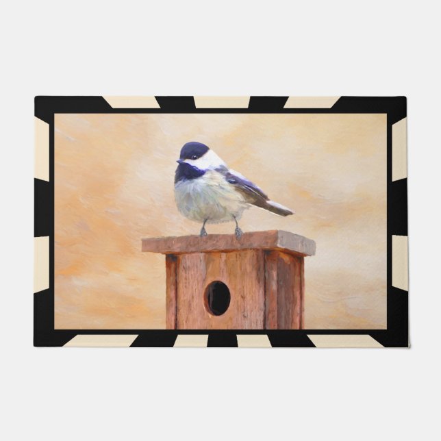 Chickadee on Birdhouse Painting Original Bird Art Doormat (Front)