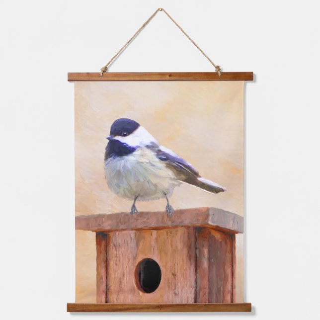 Chickadee on Birdhouse Painting Original Bird Art Hanging Tapestry (Front)