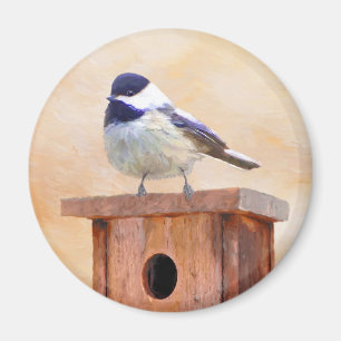 Chickadee on Birdhouse Painting Original Bird Art Magnet