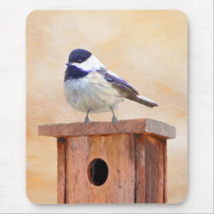 Chickadee on Birdhouse Painting Original Bird Art Mouse Mat