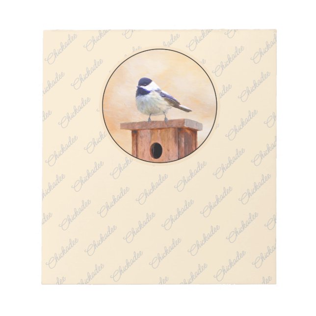 Chickadee on Birdhouse Painting Original Bird Art Notepad (Front)