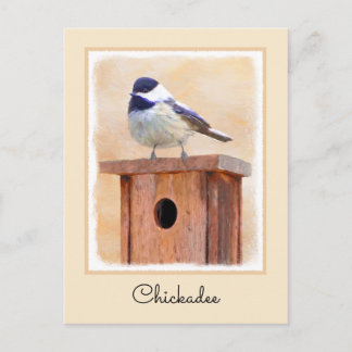 Chickadee on Birdhouse Painting Original Bird Art Postcard