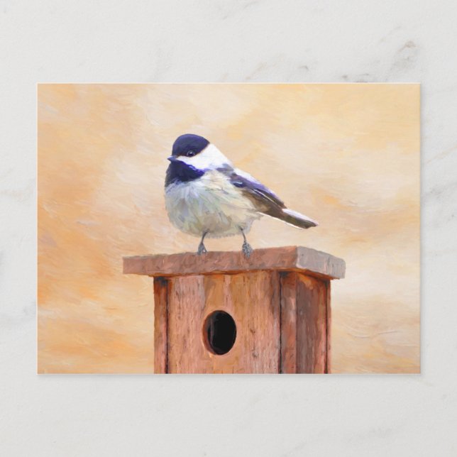 Chickadee on Birdhouse Painting Original Bird Art Postcard (Front)