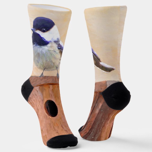 Chickadee on Birdhouse Painting Original Bird Art Socks (Angled)