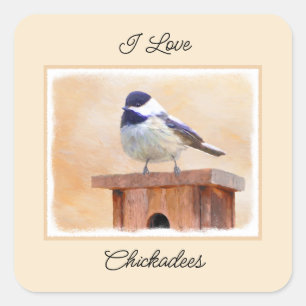 Chickadee on Birdhouse Painting Original Bird Art Square Sticker