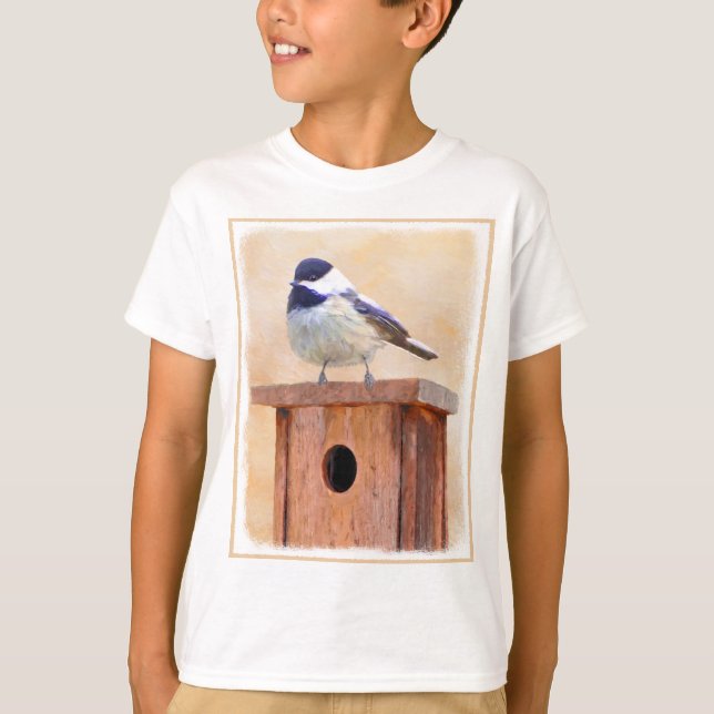 Chickadee on Birdhouse Painting Original Bird Art T-Shirt (Front)