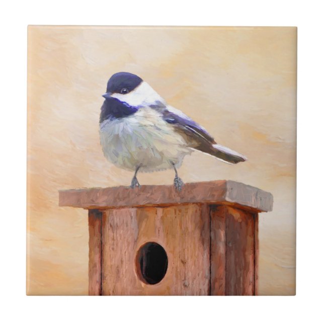 Chickadee on Birdhouse Painting Original Bird Art Tile (Front)
