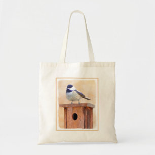 Chickadee on Birdhouse Painting Original Bird Art Tote Bag