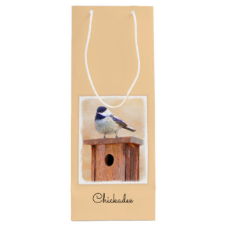 Chickadee on Birdhouse Painting Original Bird Art Wine Gift Bag
