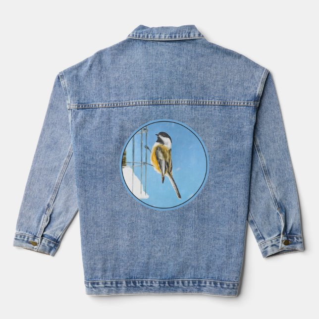 Chickadee on Feeder - Original Wild Bird Art Denim Jacket (Back)