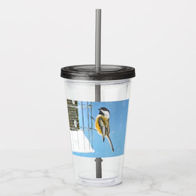 Chickadee on Feeder Painting - Original Bird Art Acrylic Tumbler (Front)