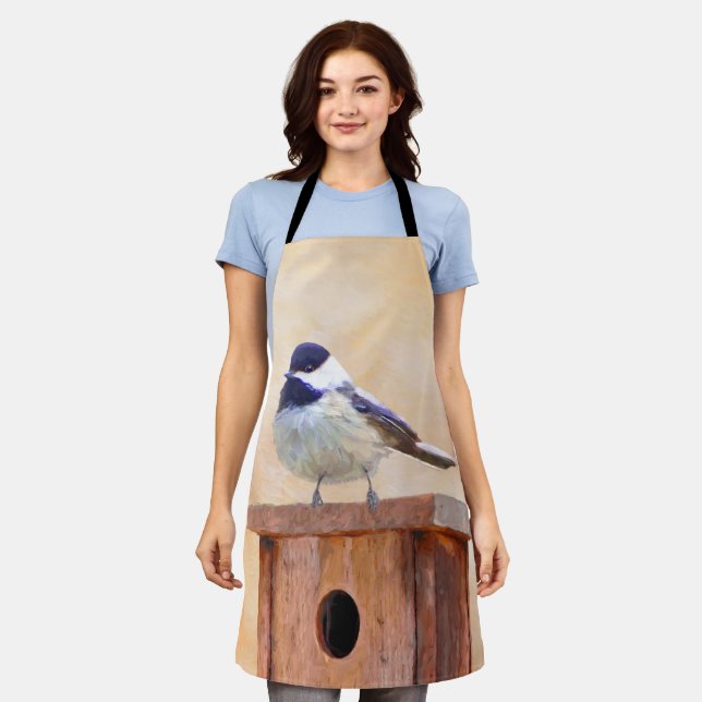 Chickadee on Feeder Painting - Original Bird Art Apron (Worn)