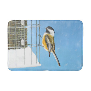 Chickadee on Feeder Painting - Original Bird Art Bath Mat