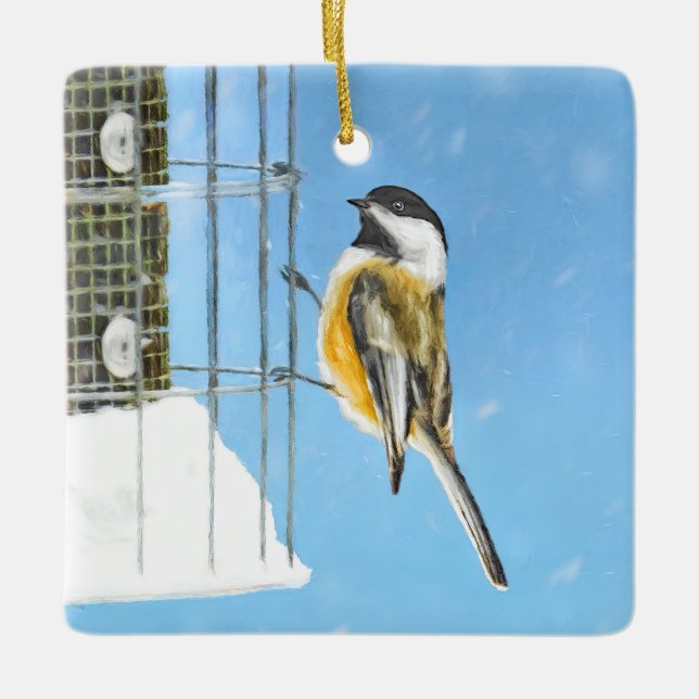 Chickadee on Feeder Painting - Original Bird Art Ceramic Ornament (Front)