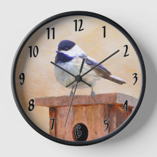 Chickadee on Feeder Painting - Original Bird Art Clock