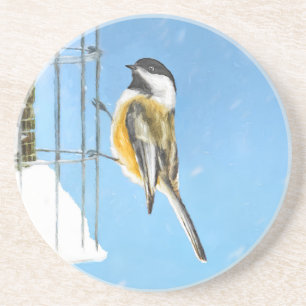 Chickadee on Feeder Painting - Original Bird Art Coaster