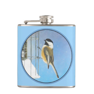 Chickadee on Feeder Painting - Original Bird Art Hip Flask