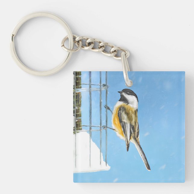 Chickadee on Feeder Painting - Original Bird Art Key Ring (Front)