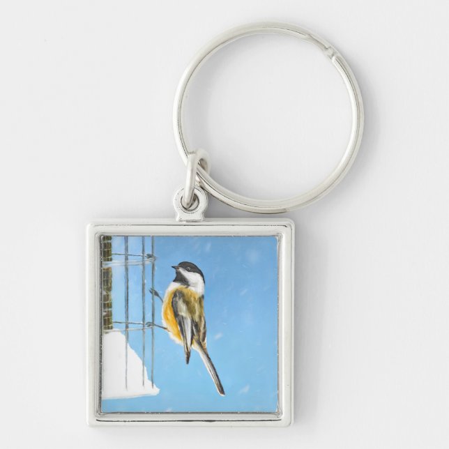 Chickadee on Feeder Painting - Original Bird Art Key Ring (Front)