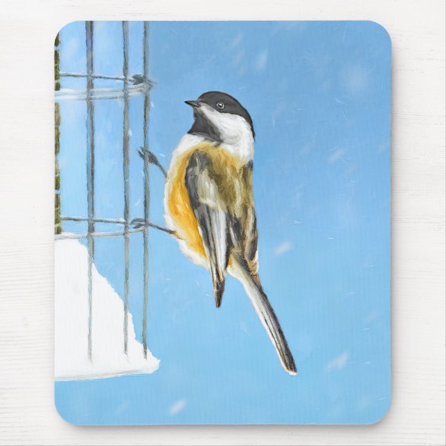 Chickadee on Feeder Painting - Original Bird Art Mouse Mat (Front)