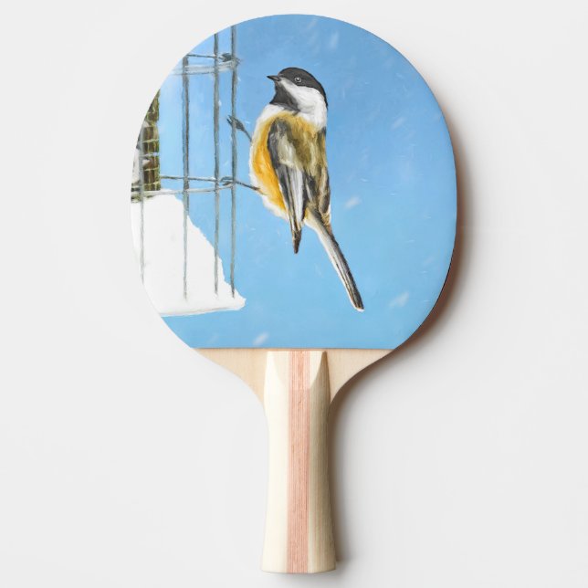 Chickadee on Feeder Painting - Original Bird Art Ping Pong Paddle (Front)