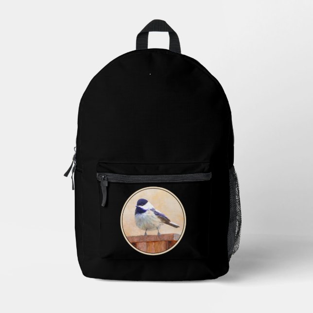 Chickadee on Feeder Painting - Original Bird Art Printed Backpack (Front)