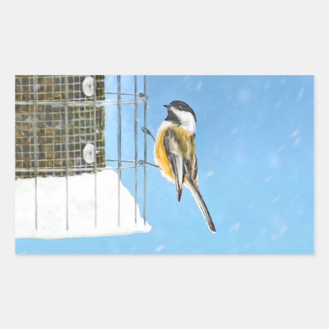 Chickadee on Feeder Painting - Original Bird Art Rectangular Sticker (Front)