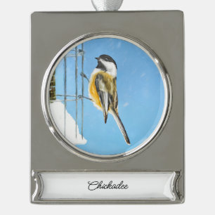 Chickadee on Feeder Painting - Original Bird Art Silver Plated Banner Ornament