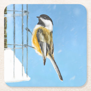 Chickadee on Feeder Painting - Original Bird Art Square Paper Coaster