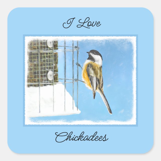 Chickadee on Feeder Painting - Original Bird Art Square Sticker (Front)