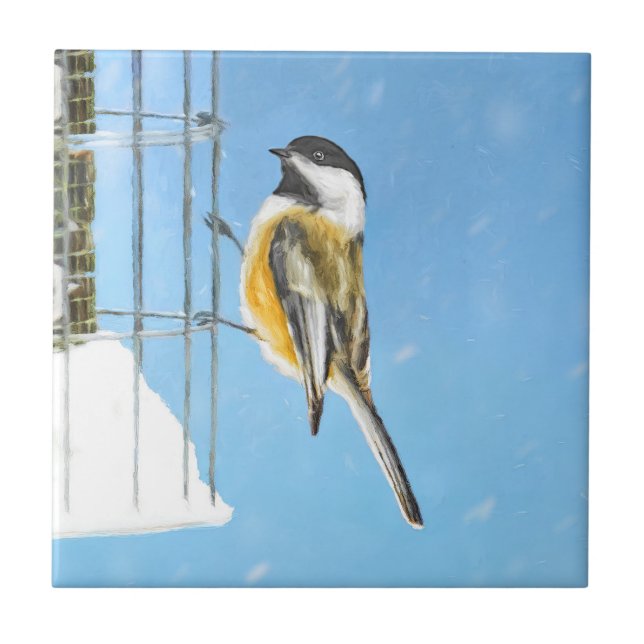 Chickadee on Feeder Painting - Original Bird Art Tile (Front)
