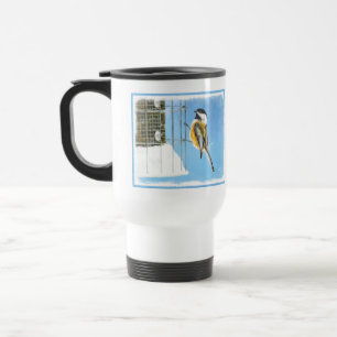 Chickadee on Feeder Painting - Original Bird Art Travel Mug
