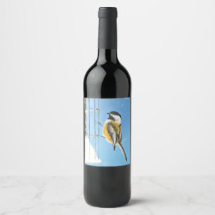 Chickadee on Feeder Painting - Original Bird Art Wine Label