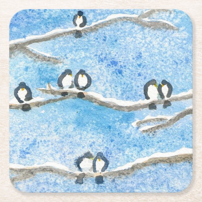 Chickadee on Tree Branch in Snow Paper Coaster (Front)