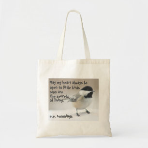 Chickadee photo with quote tote bag