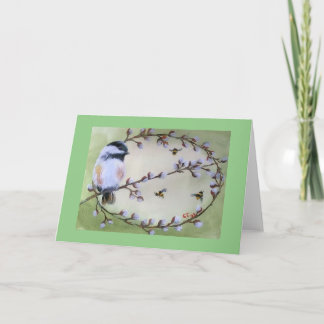 Chickadee, Pussy Willow Folded Announcement Card