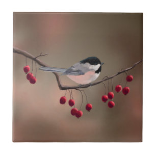CHICKADEE & RED BERRIES 2 by SHARON SHARPE Tile