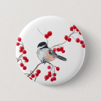 CHICKADEE & RED BERRIES by SHARON SHARPE 6 Cm Round Badge