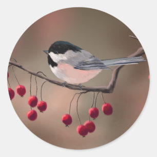 CHICKADEE & RED BERRIES by SHARON SHARPE Classic Round Sticker
