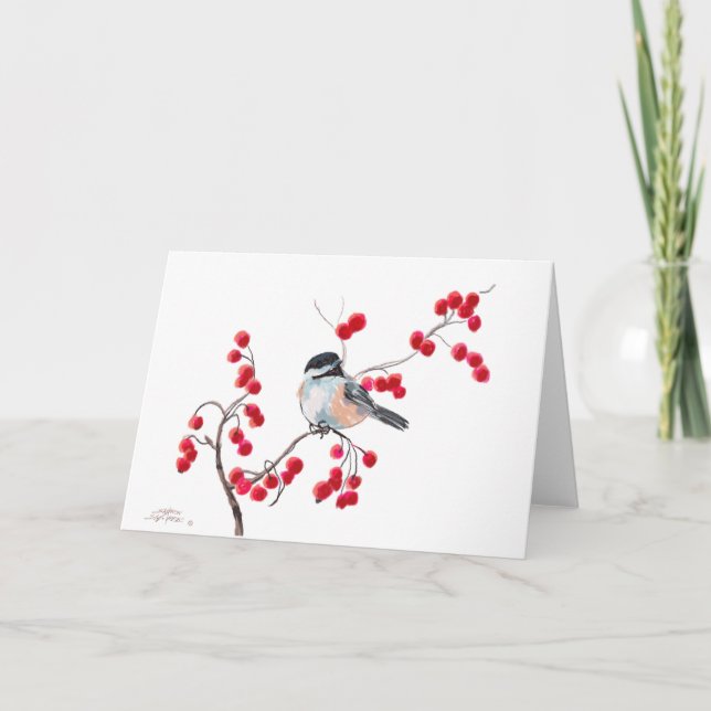 CHICKADEE & RED BERRIES by SHARON SHARPE Holiday Card (Front)