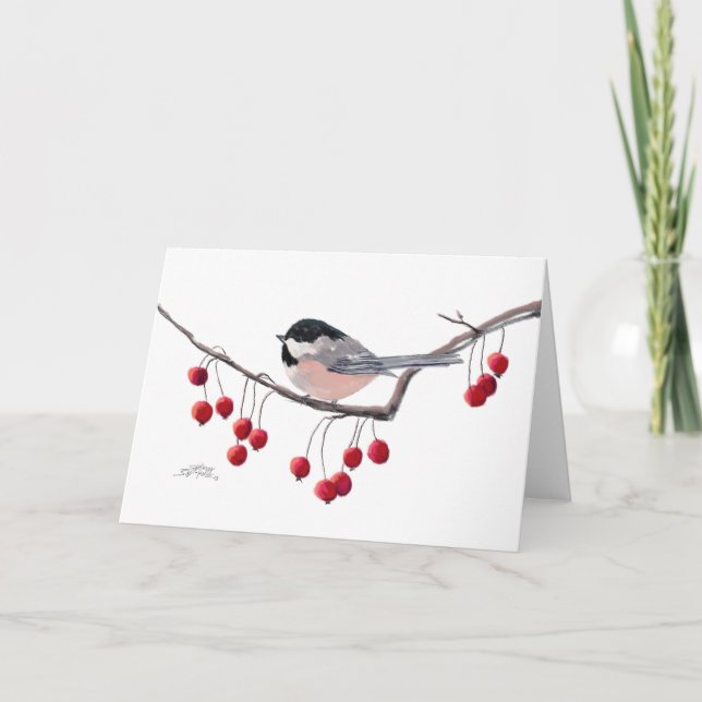 CHICKADEE & RED BERRIES by SHARON SHARPE Holiday Card (Front)