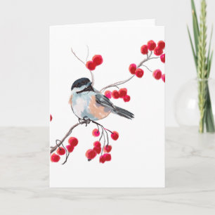 CHICKADEE & RED BERRIES by SHARON SHARPE Holiday Card