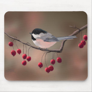 CHICKADEE & RED BERRIES by SHARON SHARPE Mouse Mat