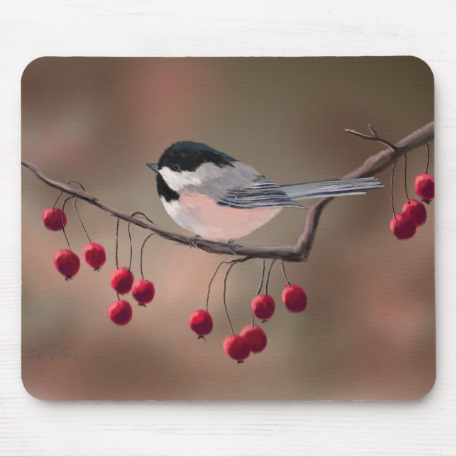 CHICKADEE & RED BERRIES by SHARON SHARPE Mouse Mat (Front)