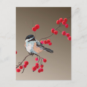 CHICKADEE & RED BERRIES by SHARON SHARPE Postcard