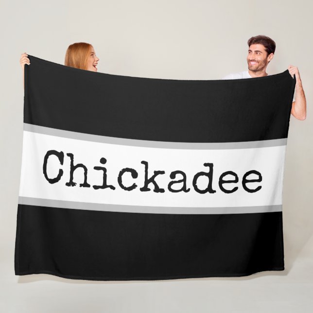 CHICKADEE Retro Text Black White Grey Stripes Fleece Blanket (In Situ)