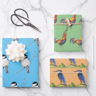 Chickadee, Rooster and Kingfisher Wrapping Paper Sheet